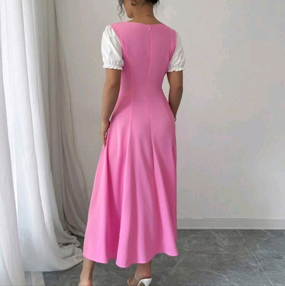 Women's Fuchsia Patchwork White Square Neck Puff Sleeve Cinched Waist Flared - Picture 3 of 4